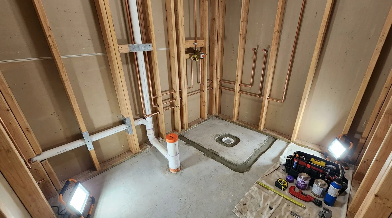 Bathroom rough-in plumbing during remodel by Johns Plumbing LLC in Chaffee
