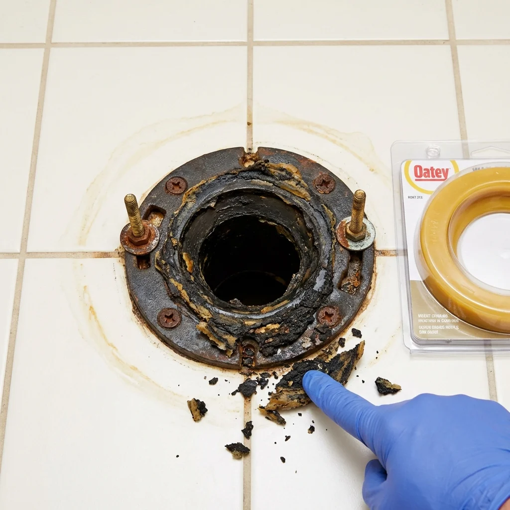Failed wax ring showing water seepage at the base of a toilet in a Chaffee, MO home