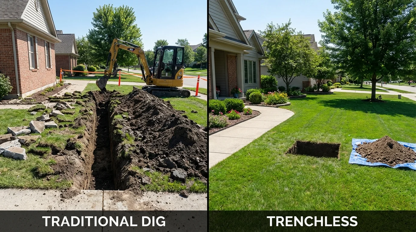 Trenchless sewer repair with minimal yard damage versus traditional excavation in Chaffee, MO